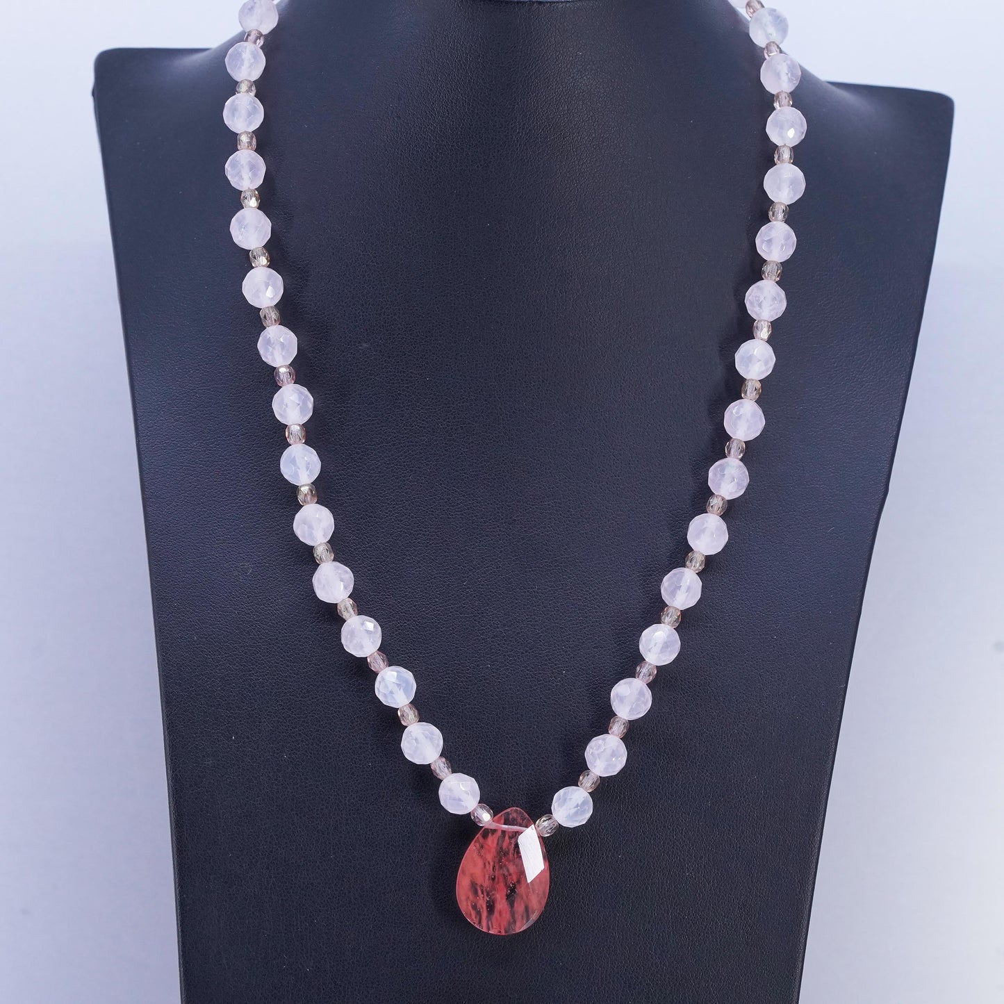 19", 925 Sterling Silver Pink Rose Quartz Beads cherry quartz teardrop pendant