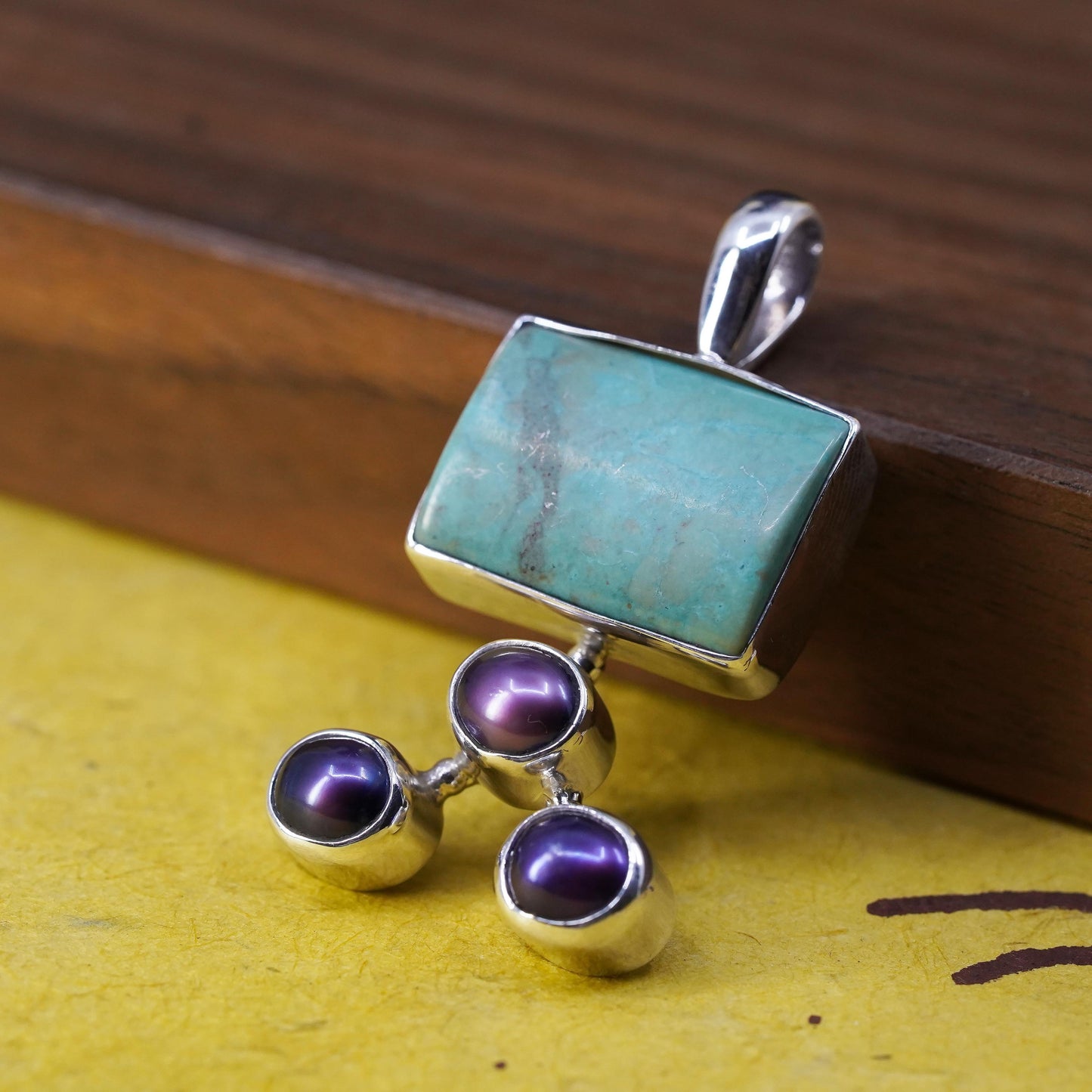 sterling silver pendant, southwestern 925 grapes with turquoise, black pearl