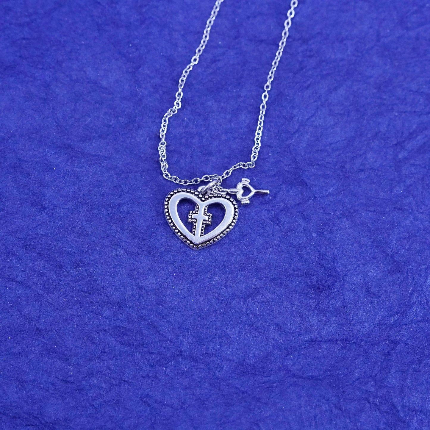 16+2”, Sterling silver handmade necklace, 925 circle chain heart cross pendant