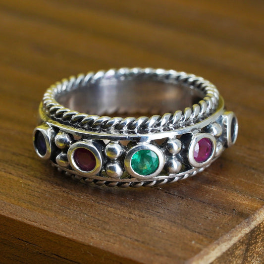 Size 6, sterling 925 silver handmade band ring with emerald ruby and garnet