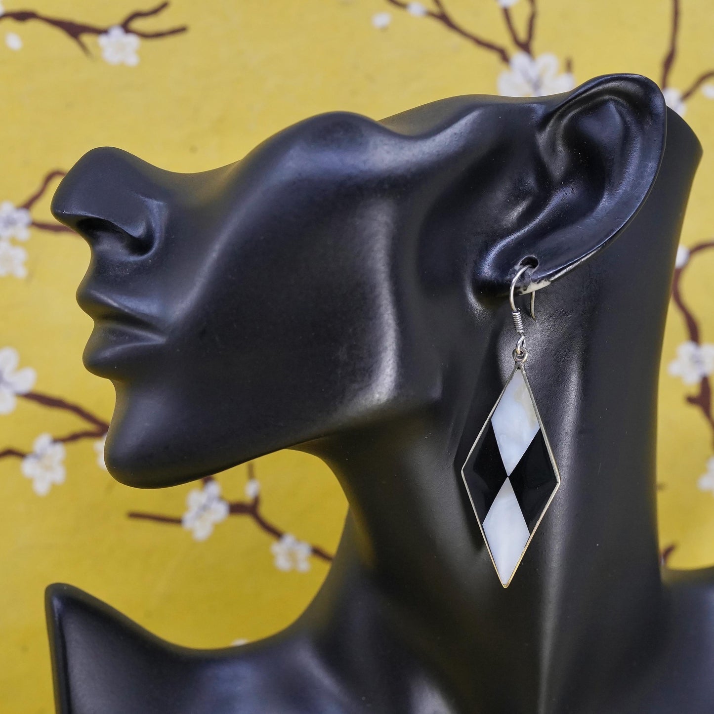 Vintage alpaca silver handmade earrings, diamond mother of pearl inlay dangles