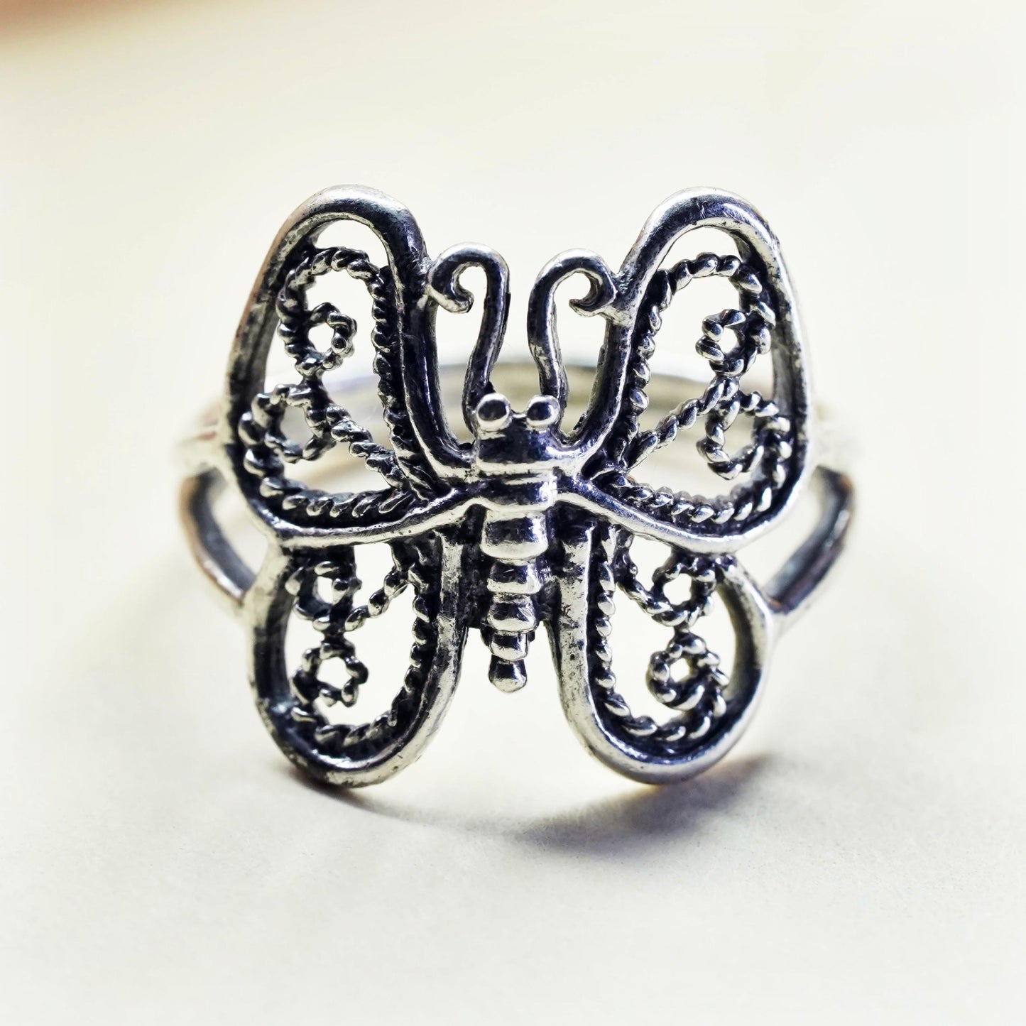 Size 7.25, vintage Sterling silver handmade ring, 925 filigree butterfly band