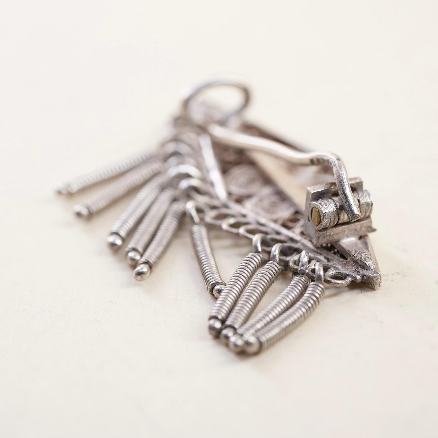 Vintage Sterling silver handmade brooch, 925 filigree pin with fringe