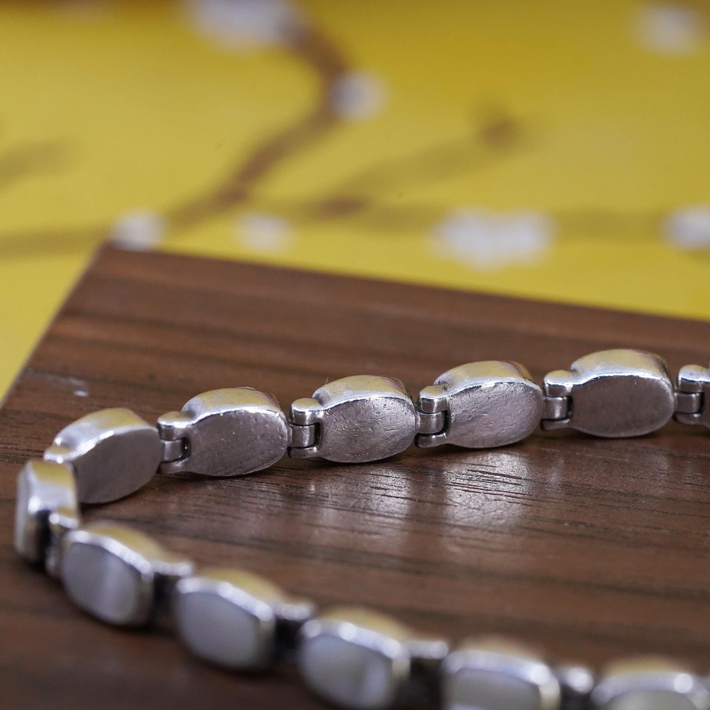 7.5”, Peyote Bird Sterling 925 silver tennis bracelet mother of pearl inlay