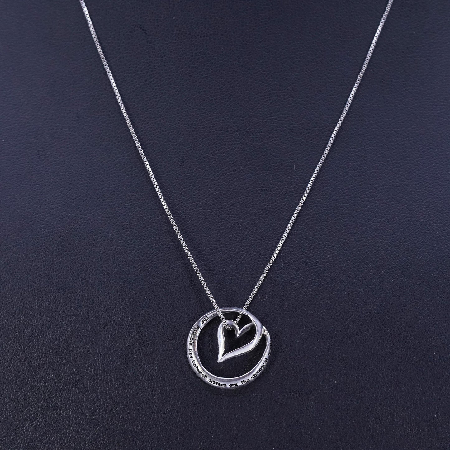 18”, vintage Sterling 925 silver handmade box necklace with heart pendant