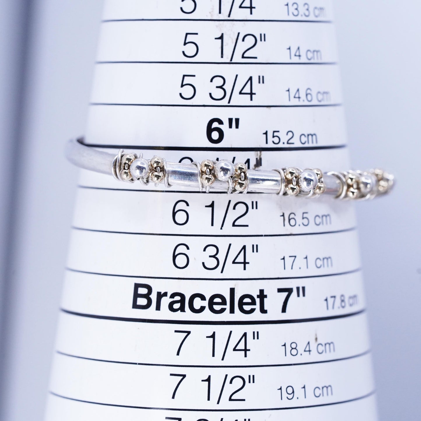 6.25", Marvin Lucas Sterling 925 silver bracelet, cuff 14K yellow gold beads