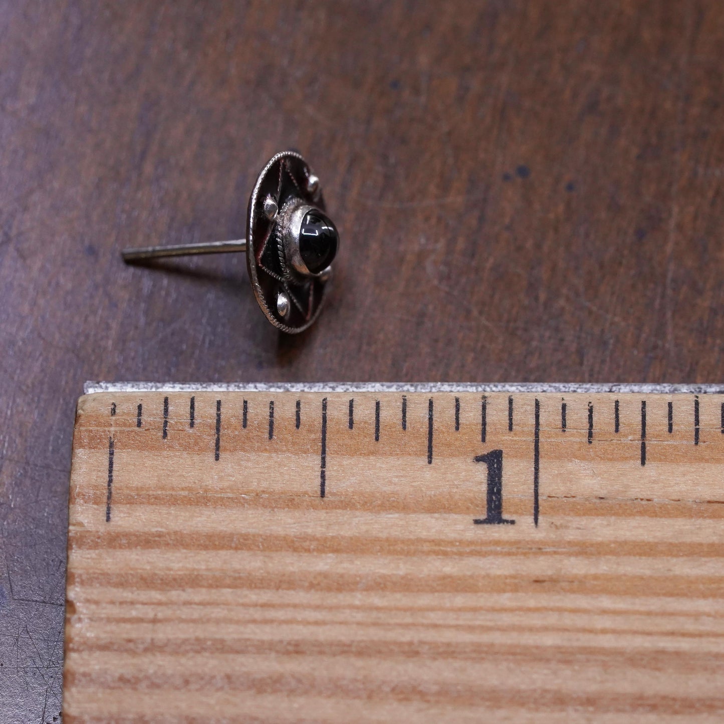 Vintage handmade single earring. Sterling 925 silver stud with garnet