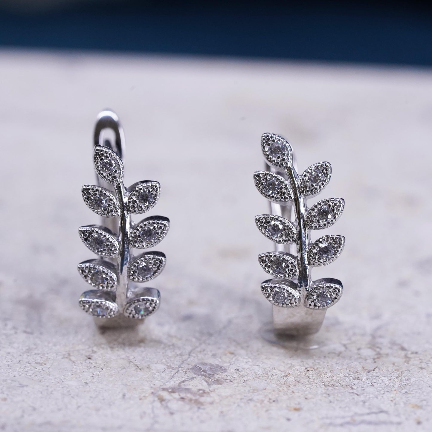 0.75", vintage Sterling silver handmade earrings, 925 leaf huggie hoops with cz
