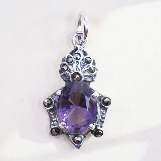 Vintage 925 Sterling silver handmade charm pendant with amethyst and marcasite