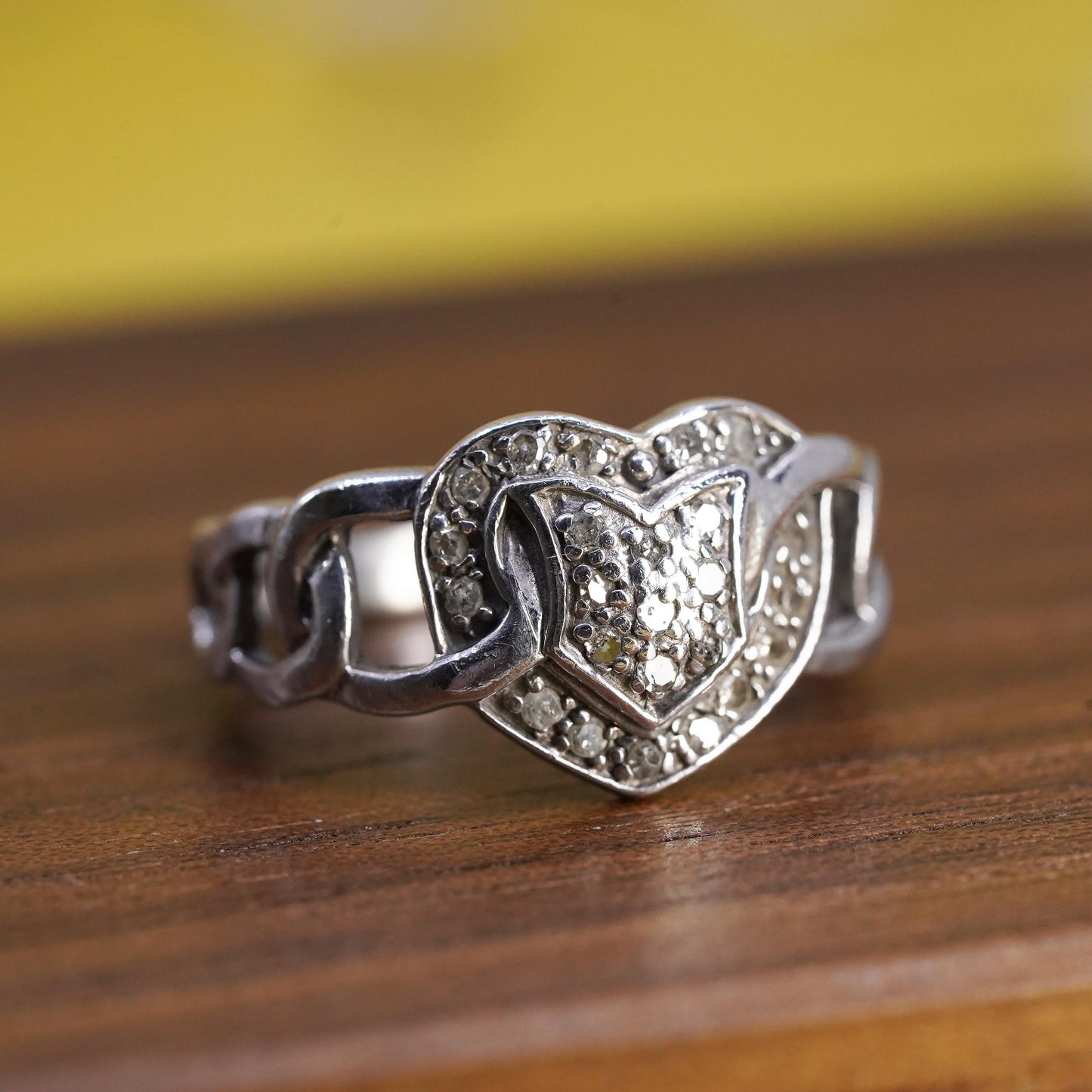 Size 6.5, vintage Sterling silver ring, 925 heart band with cluster diamonds