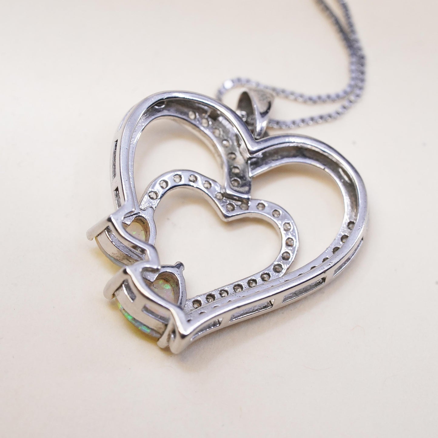Opal Heart Necklace Sterling Silver 925 Double Heart White Topaz Pave Love