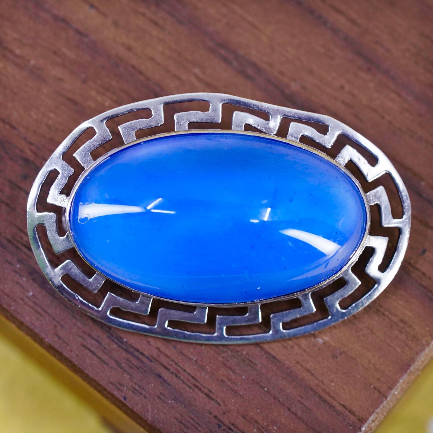 VTG Sterling 925 silver Blue Glass Cabochon Brooch, Frame, Art Deco Style Pin