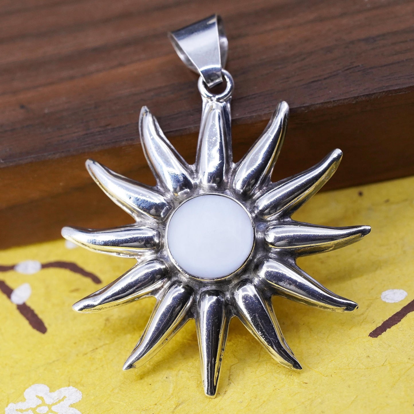 Vintage Mexican Sterling 925 silver handmade sun pendant with mother of pearl