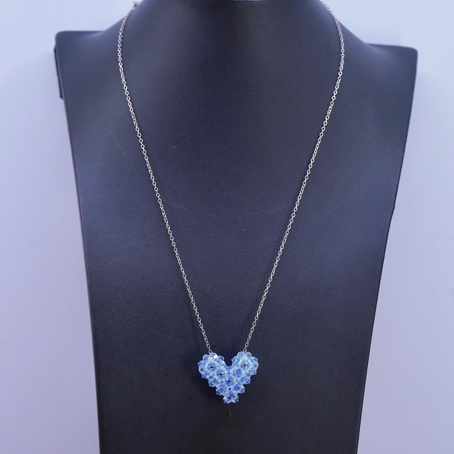 18+2" VTG Sterling silver necklace, 925 circle chain blue crystal heart pendant