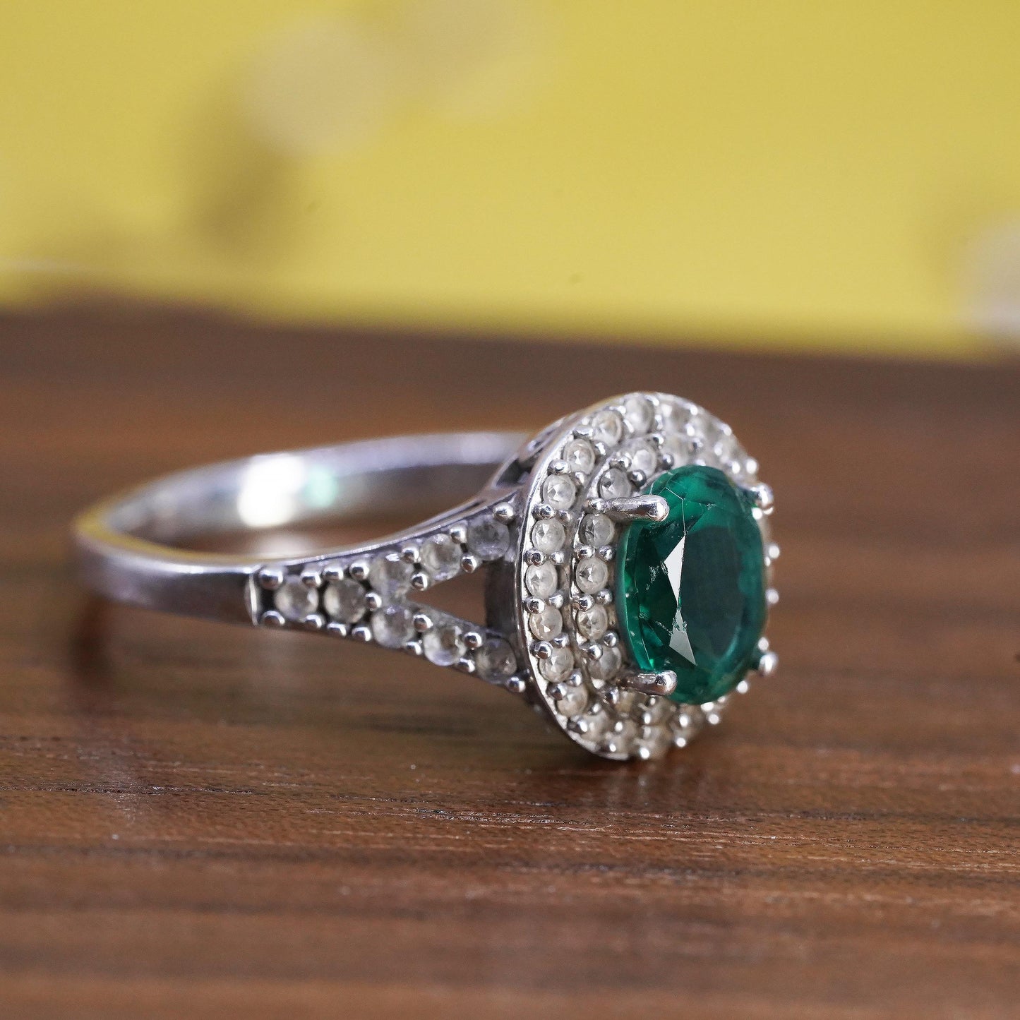 Size 9.25, Halo Green Emerald Sterling Silver 925 Split Shank Cocktail Ring
