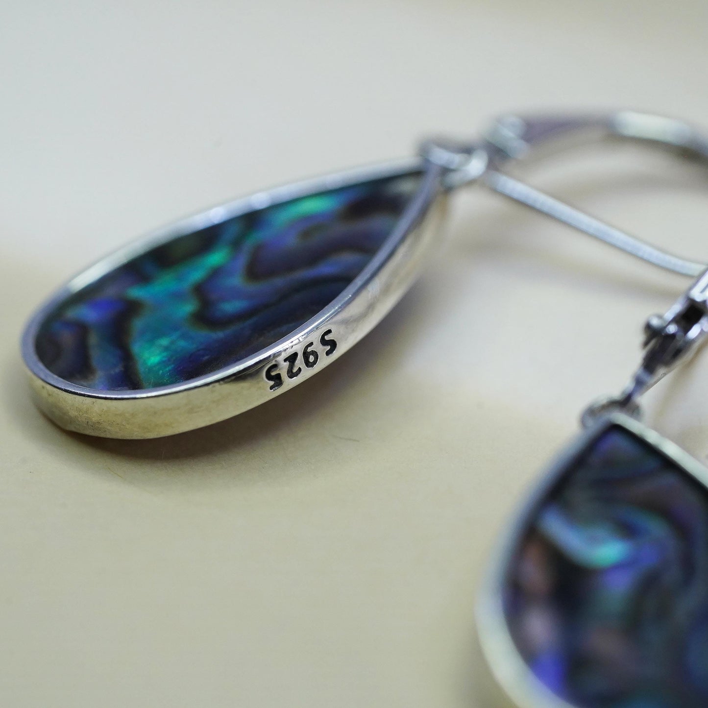 Vintage Mexico sterling 925 silver handmade teardrop earrings w/ abalone inlay