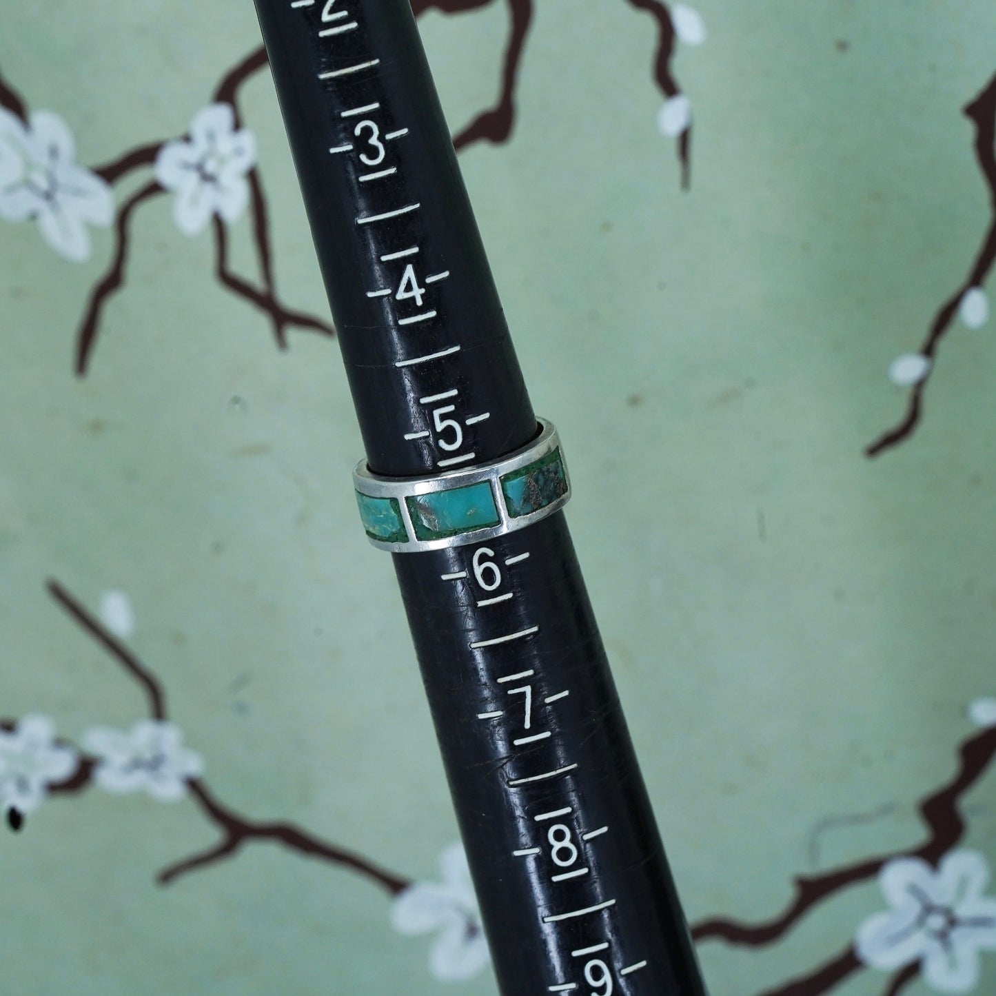 Size 5.25 Native American bell post sterling silver ring, 925 band w/ turquoise