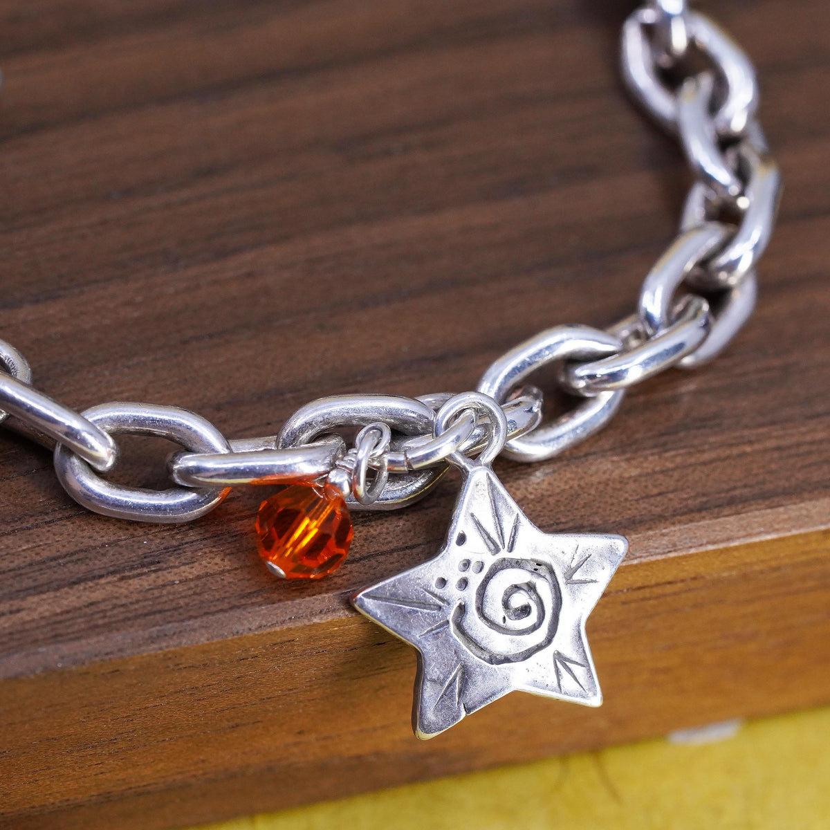 6.75" 7mm, Vintage Sterling silver bracelet, 925 oval link chain star charm
