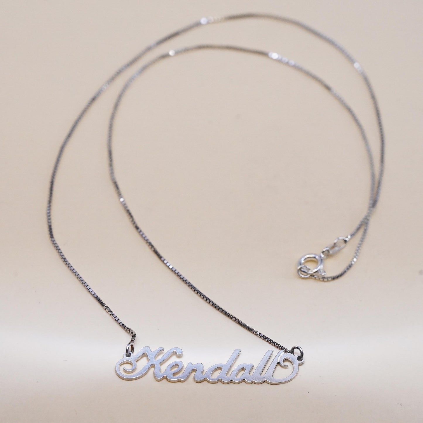 18", vintage sterling silver handmade necklace, box chain name Kendall pendant