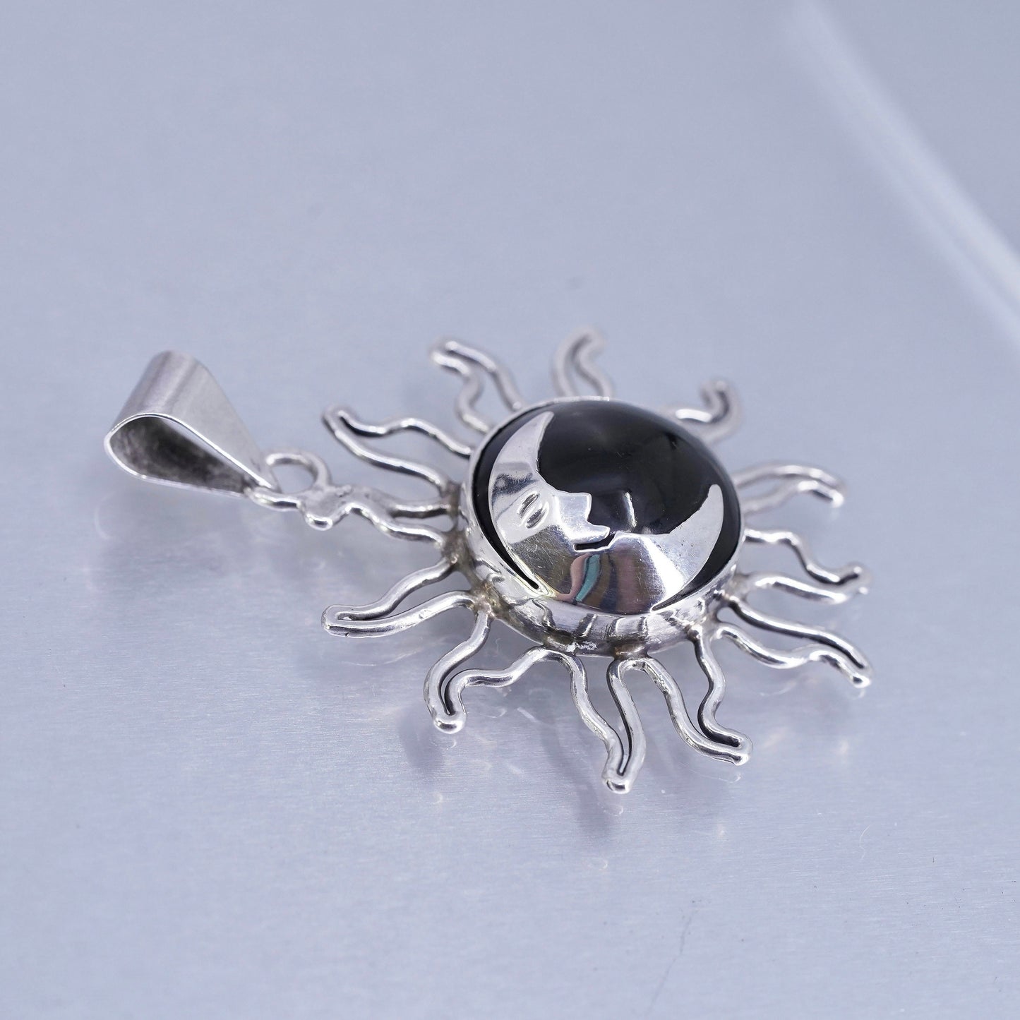 Vintage Sterling silver handmade 925 sun moon face charm pendant with onyx