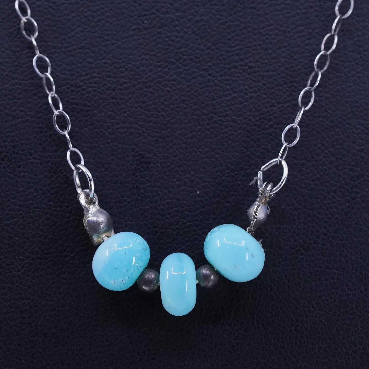 18”, Sterling 925 silver flatten circle chain necklace w/ larimar bead pendant