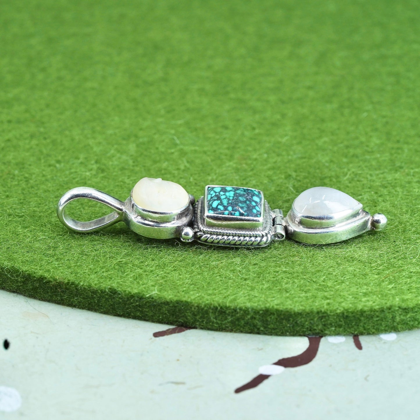 Native American sterling silver 925 moon face pendant with turquoise moonstone