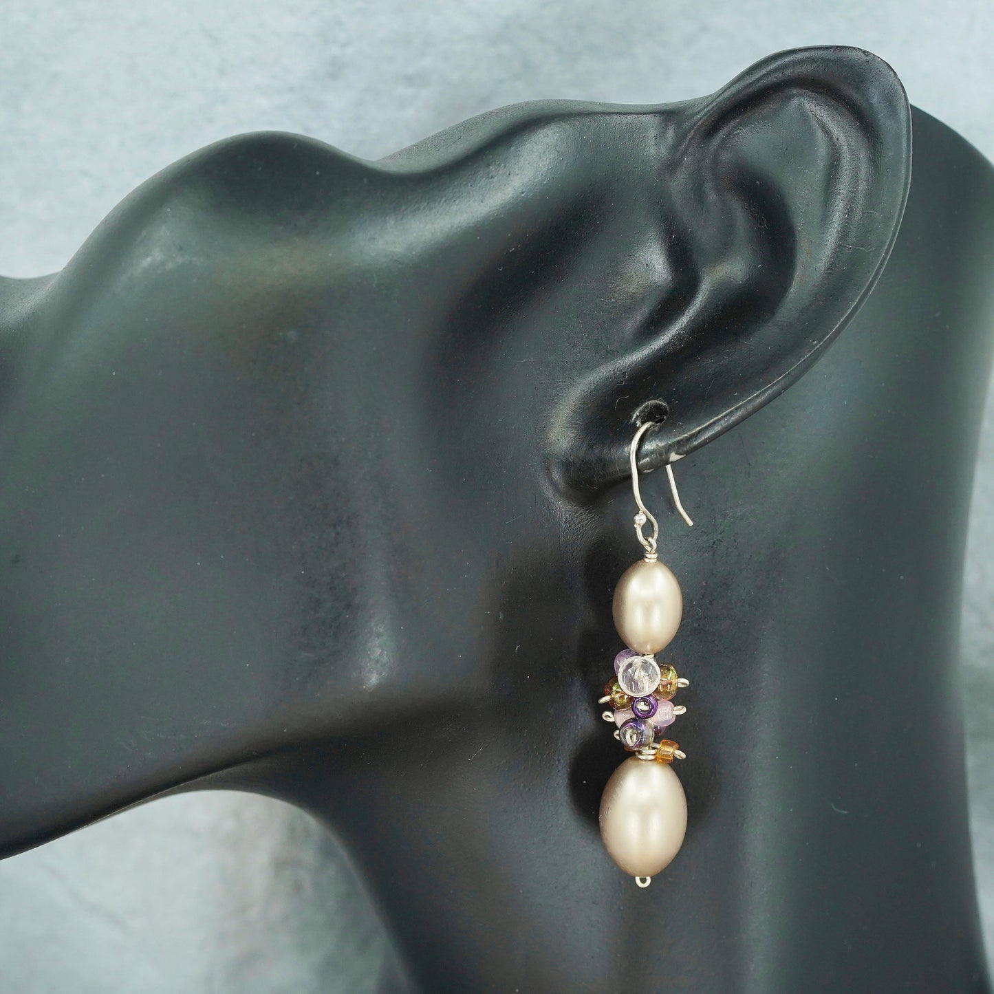 Vintage Sterling 925 silver handmade earrings with faux cluster golden pearl