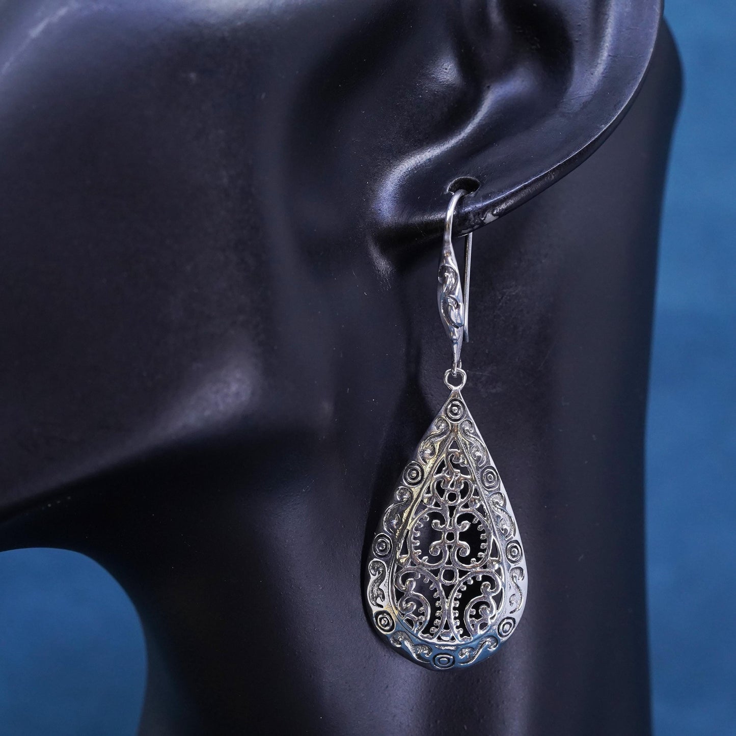 Vintage Sterling silver handmade earrings, 925 filigree teardrops