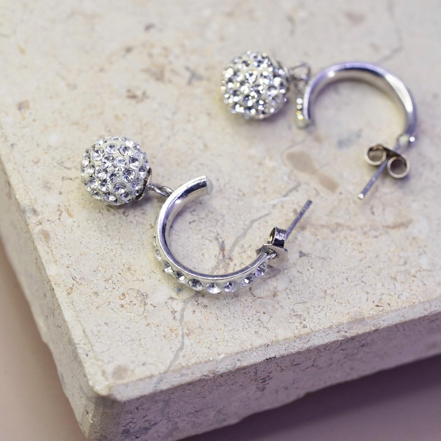 0.75", Vintage Sterling silver earrings, 925 huggie studs cluster cz head drops