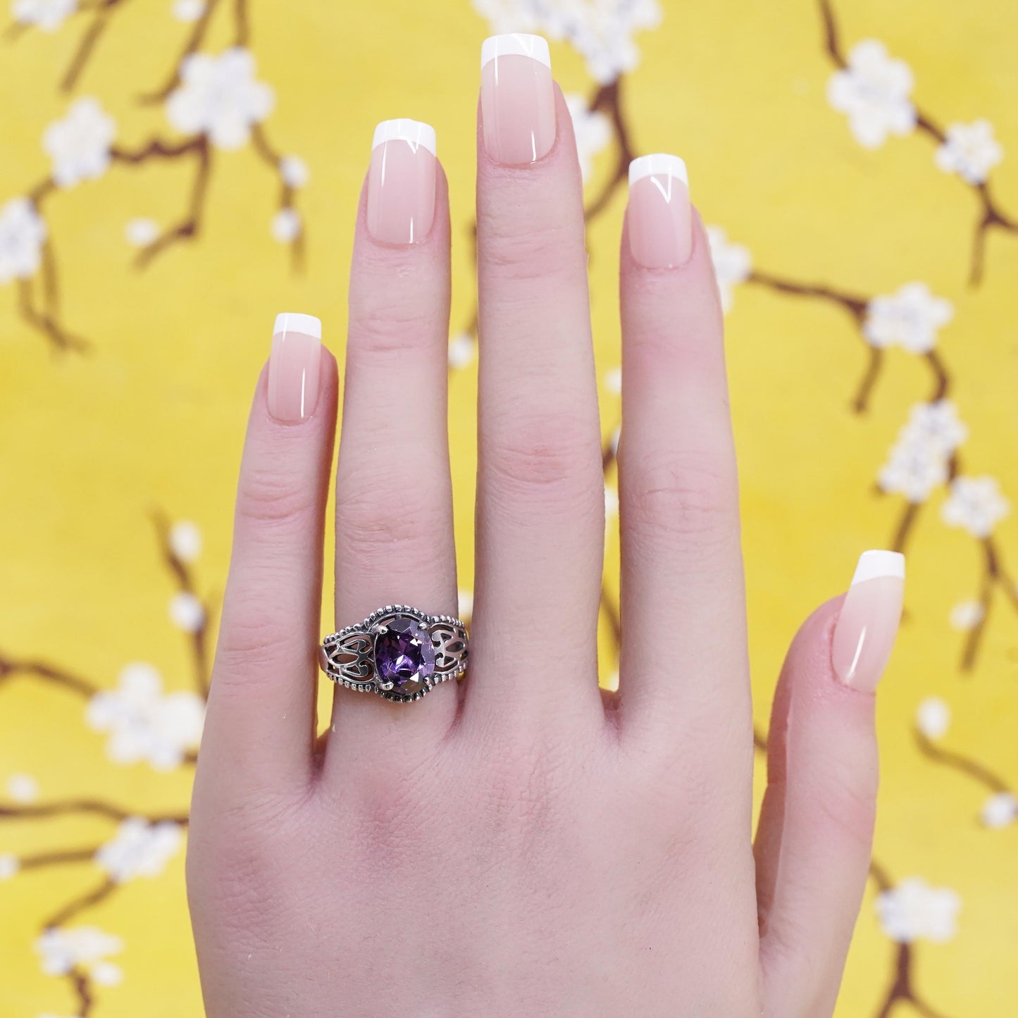 Size 8, Vintage Sterling Silver Handmade ring, 925 filigree band with amethyst