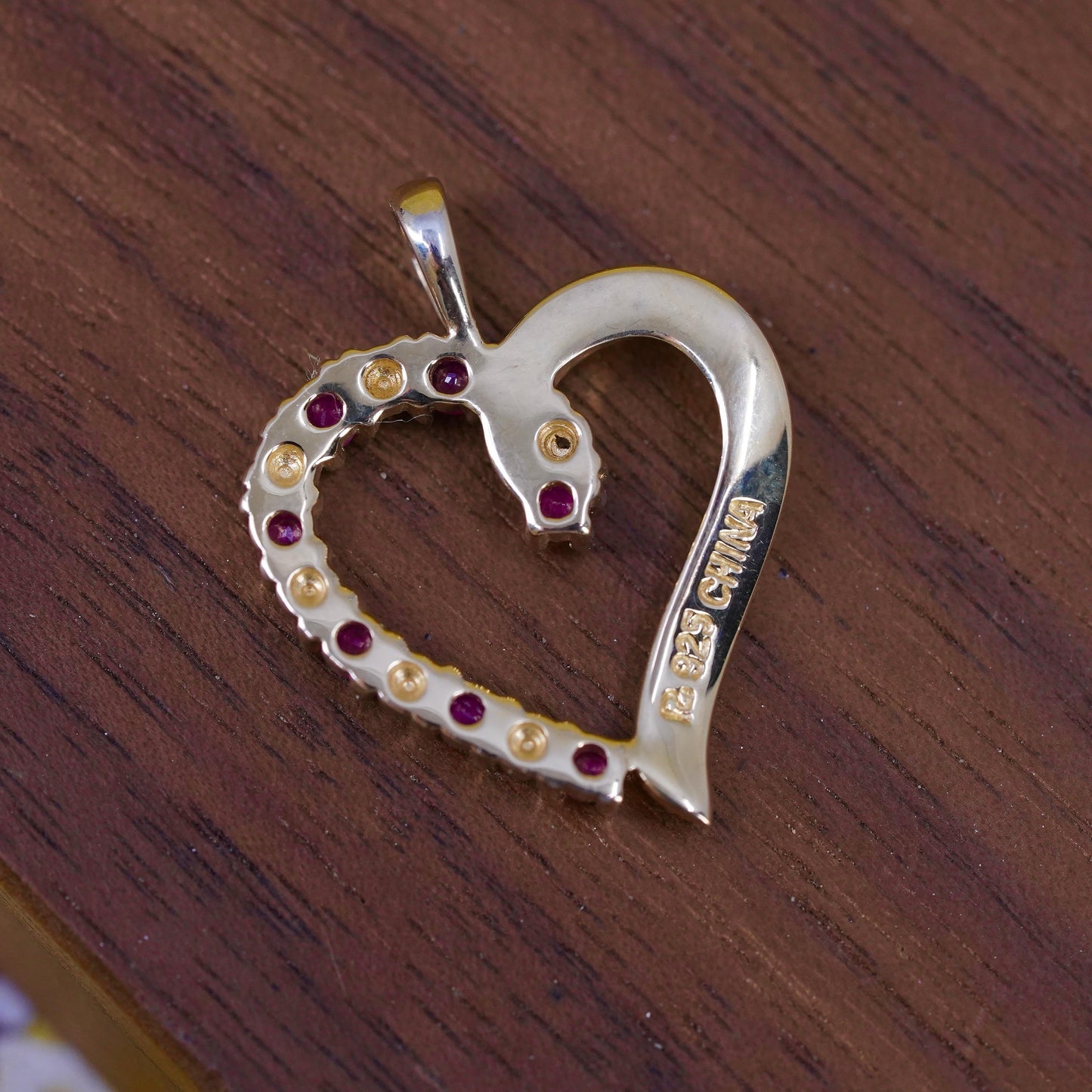 Vintage vermeil gold over Sterling 925 silver heart pendant ruby and diamonds