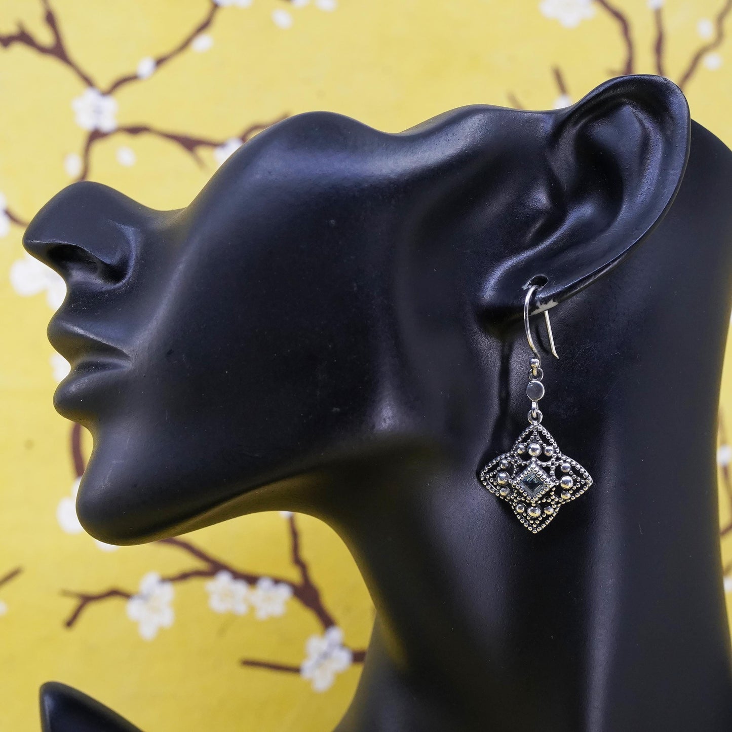 Vintage Sterling silver handmade earrings, 925 beaded dangles with blue topaz