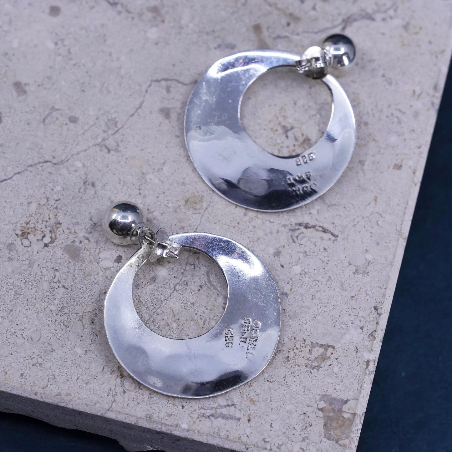 Vintage Mexican Sterling Silver Earrings. 925 circle dangles enamel Greek key