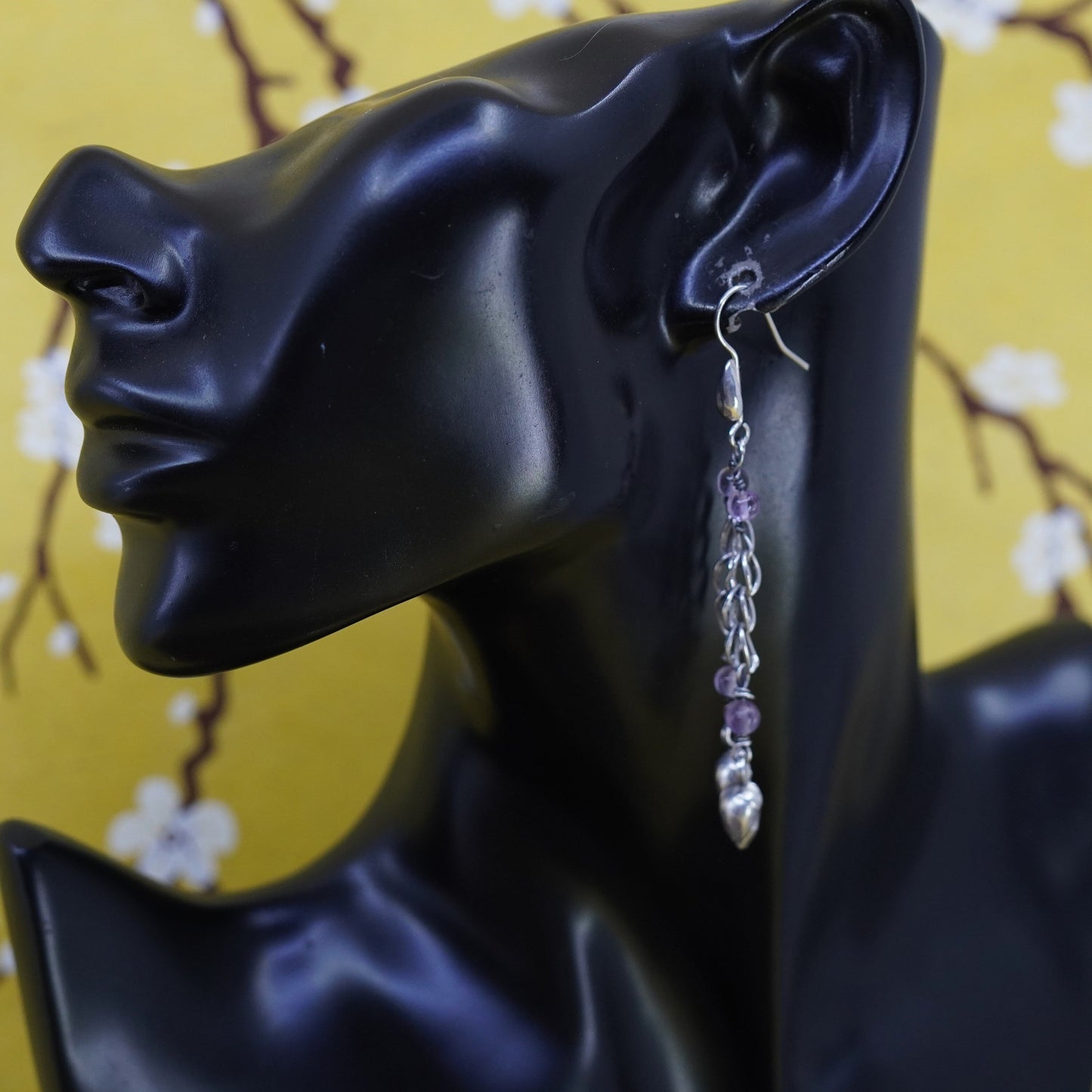 Vintage Sterling 925 silver handmade chain earrings with amethyst beads