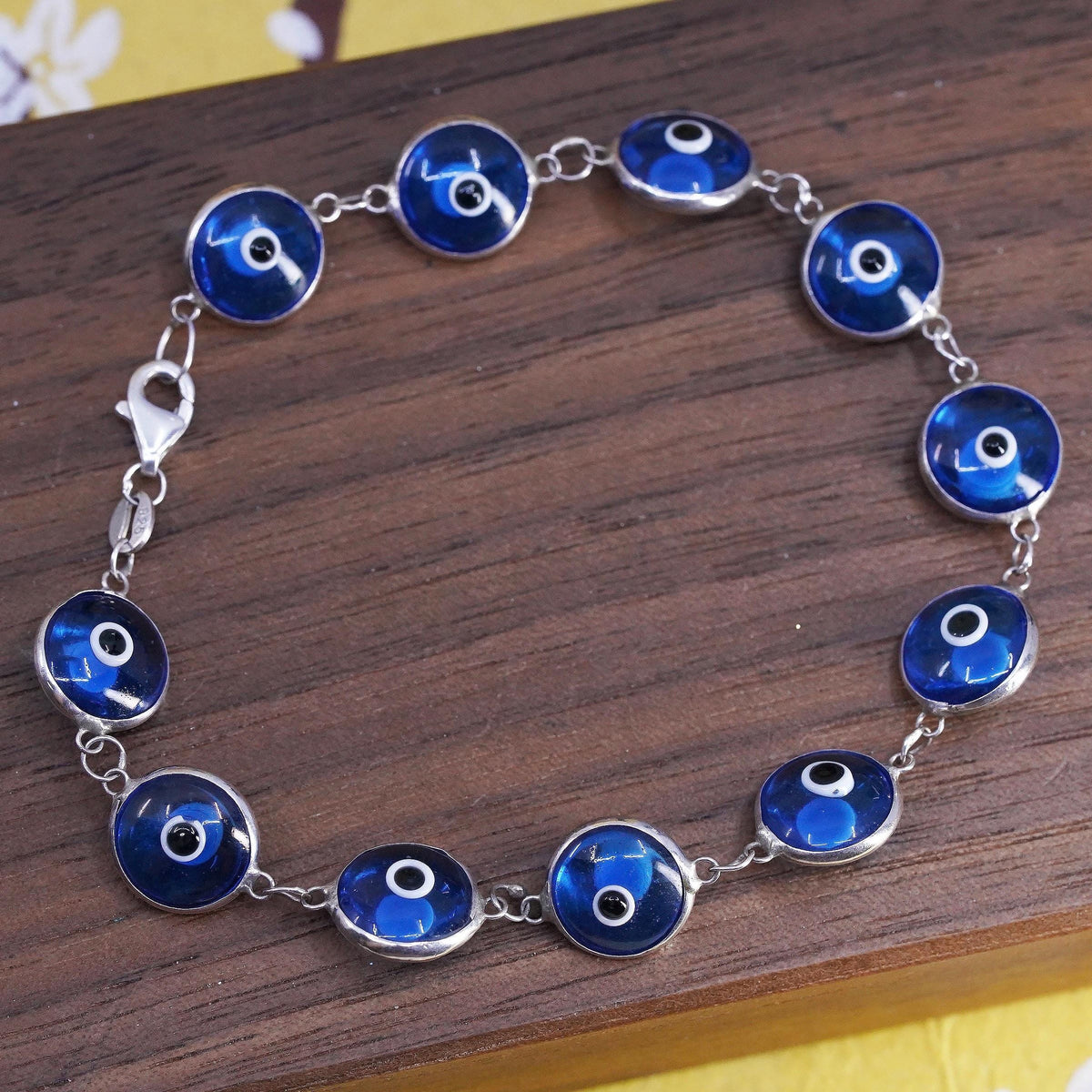 6.75", vintage sterling 925 silver handmade bracelet blue evil eye bracelet