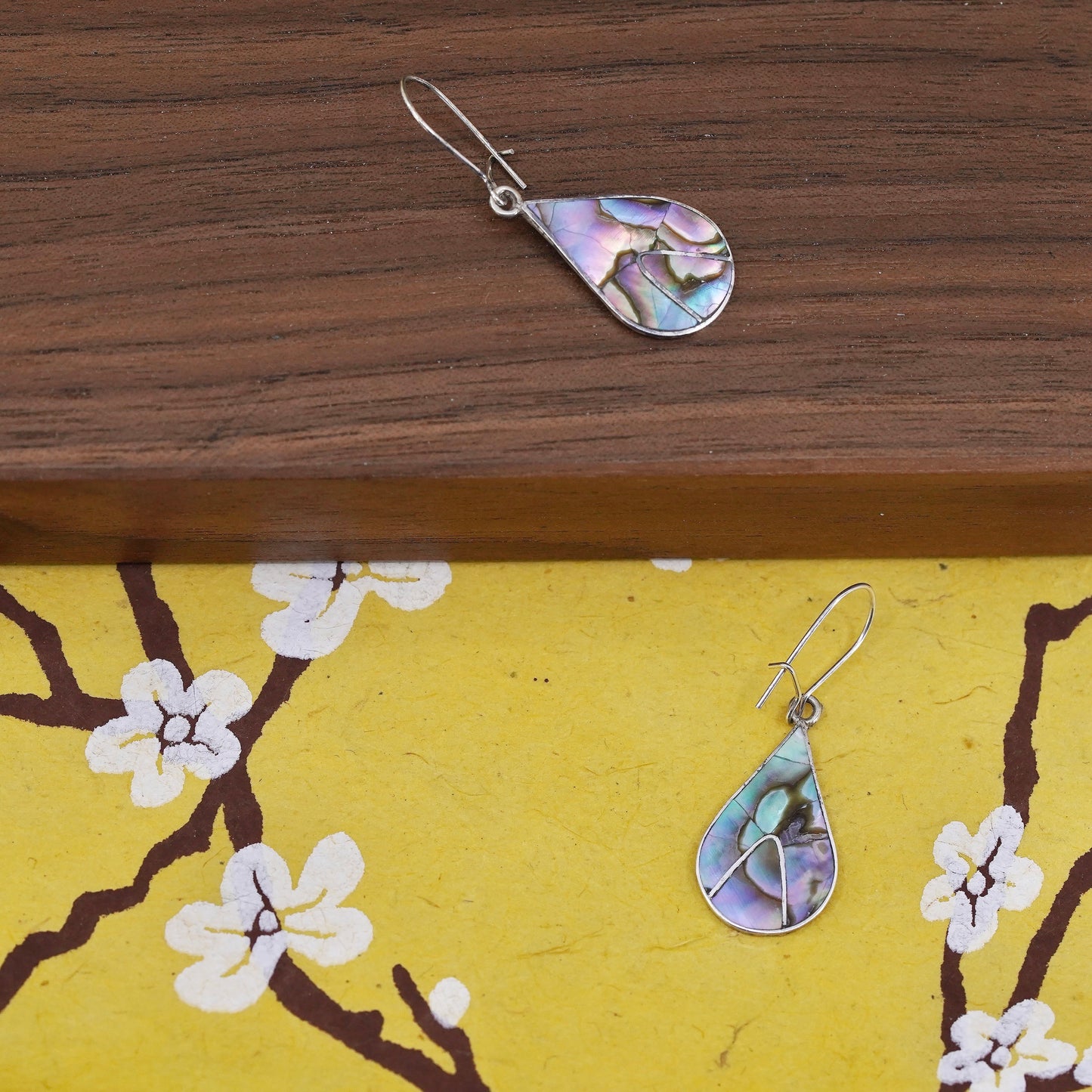 Vintage Sterling silver handmade earrings, 925 teardrop dangle with abalone