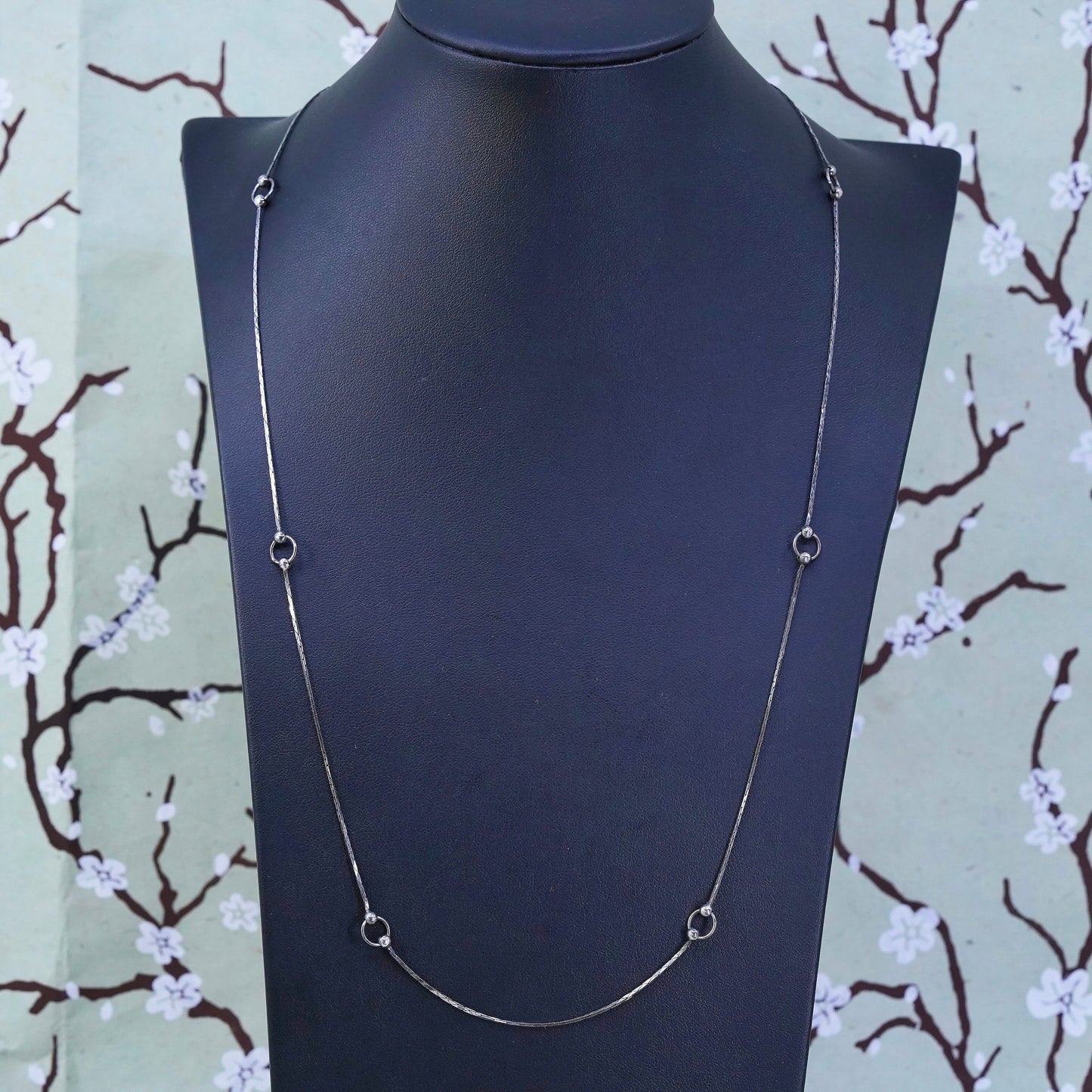 24" 1mm, Vintage sterling silver necklace, Italy 925 snake chain with beads