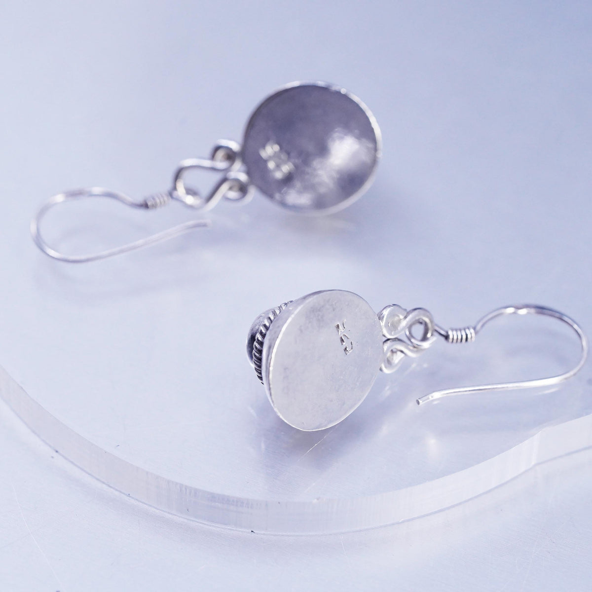Sterling 925 Silver Blue Moonstone Cabochon Dangles, Artisan Rope Drop Earrings