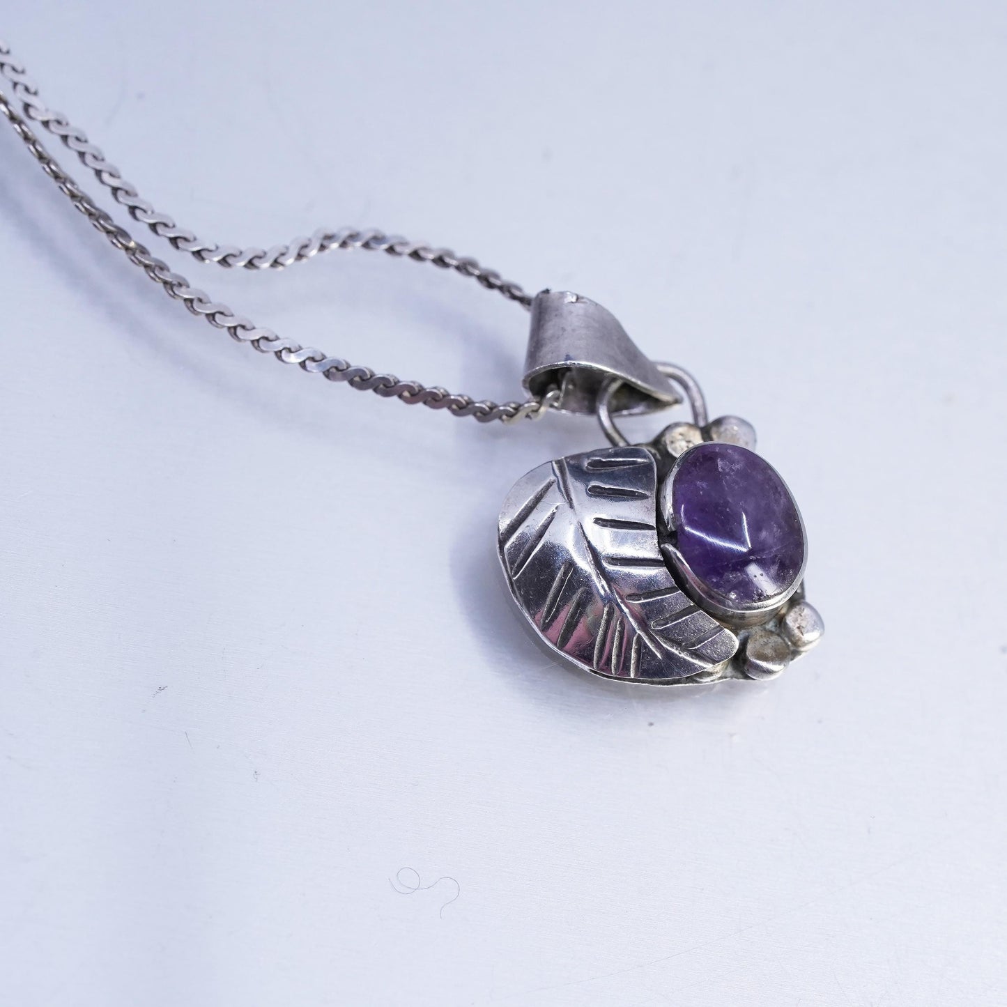 18", Vintage Mexican Sterling 925 silver s link necklace with amethyst pendant