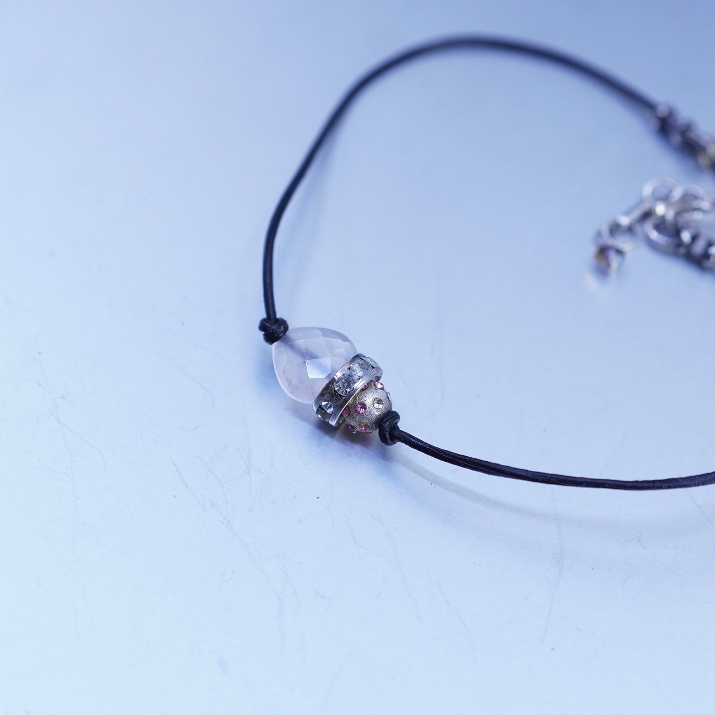 10”, Sterling 925 silver bracelet, leather anklet with healing crystal