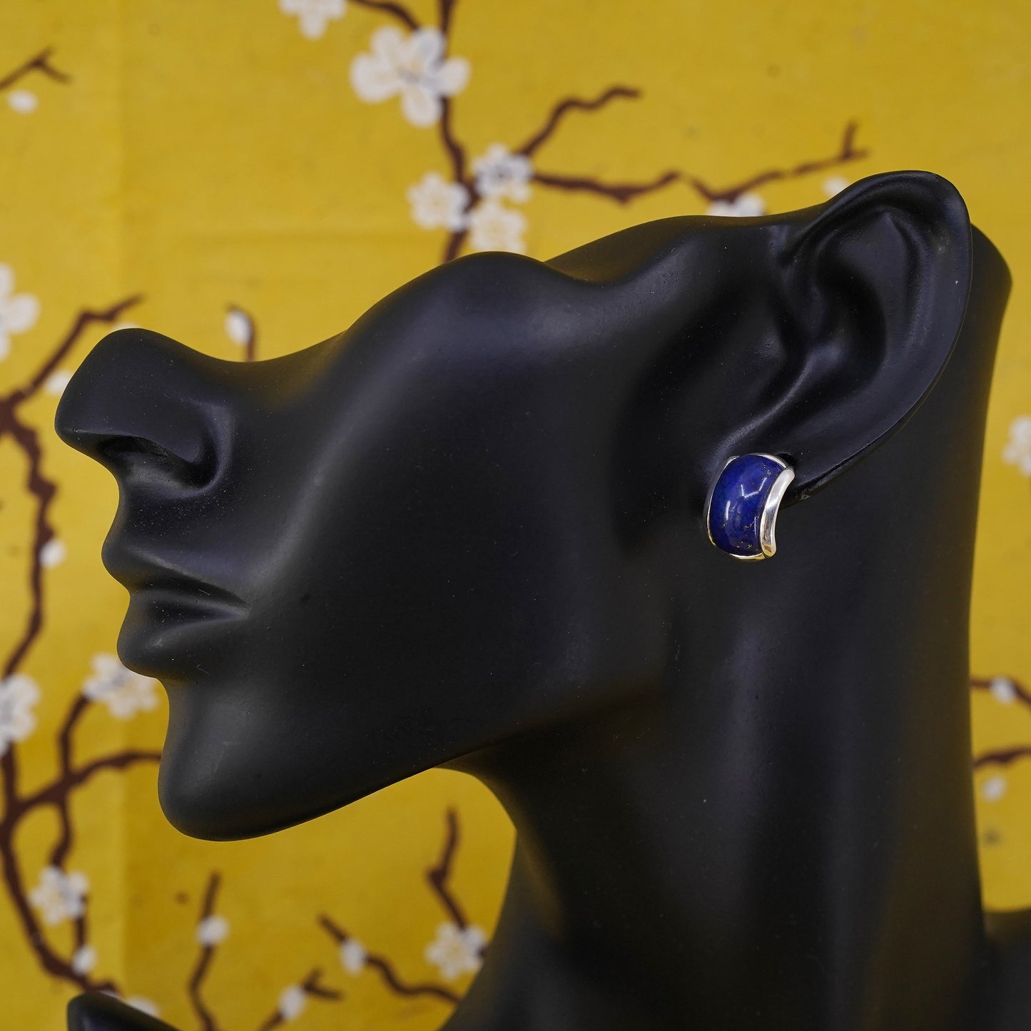 vintage Sterling silver handmade earrings, 925 huggie studs with lapis lazuli
