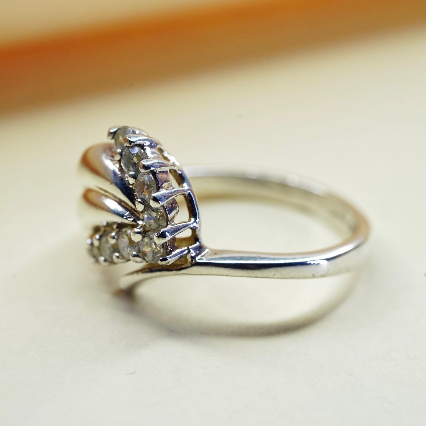 Size 6, vintage sterling 925 silver wavy band ring with CZ details