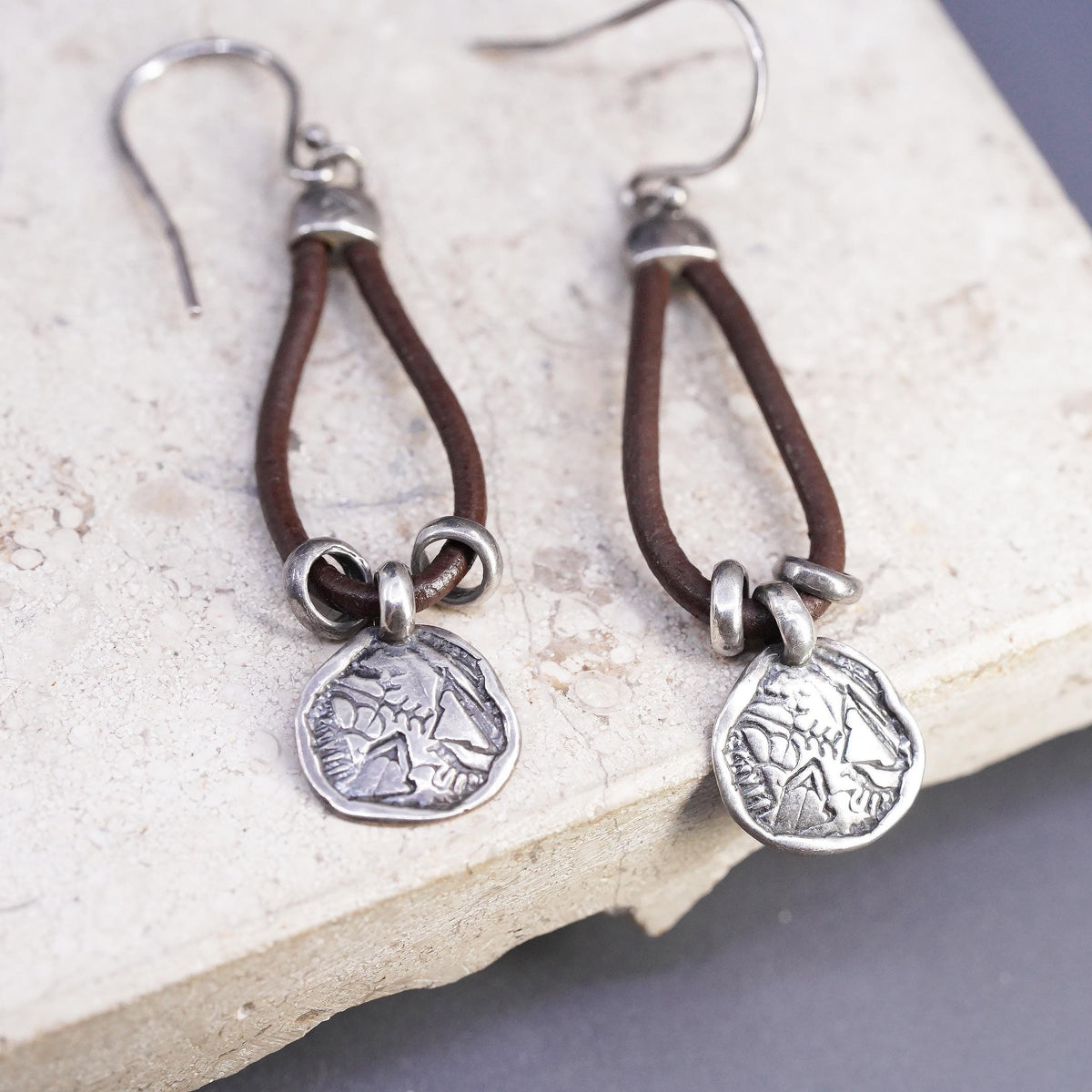Silpada Sterling 935 Silver Brown Leather Prairie Girl Disc Earrings W2179