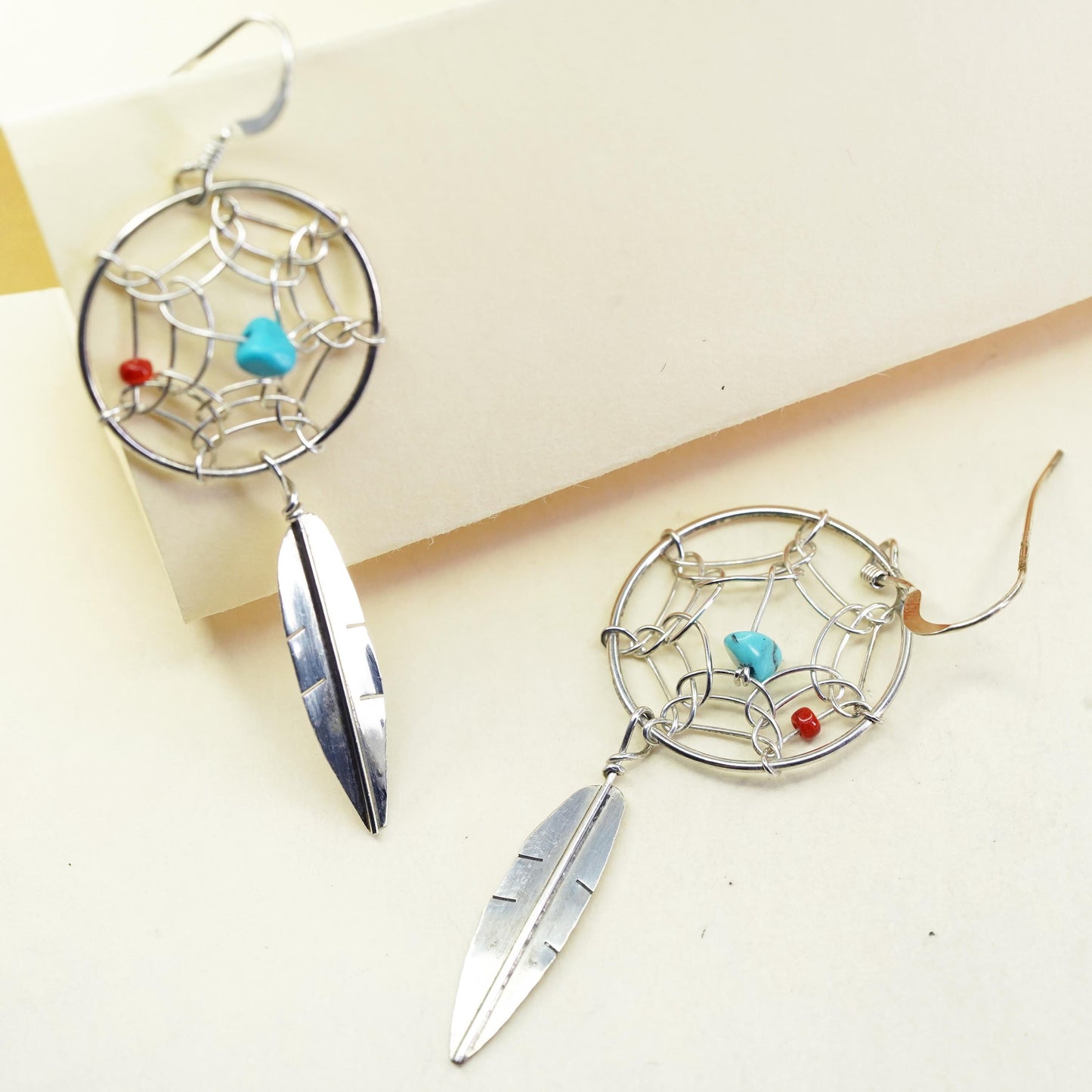 Native American Sterling silver earrings, 925 turquoise coral feather dangles
