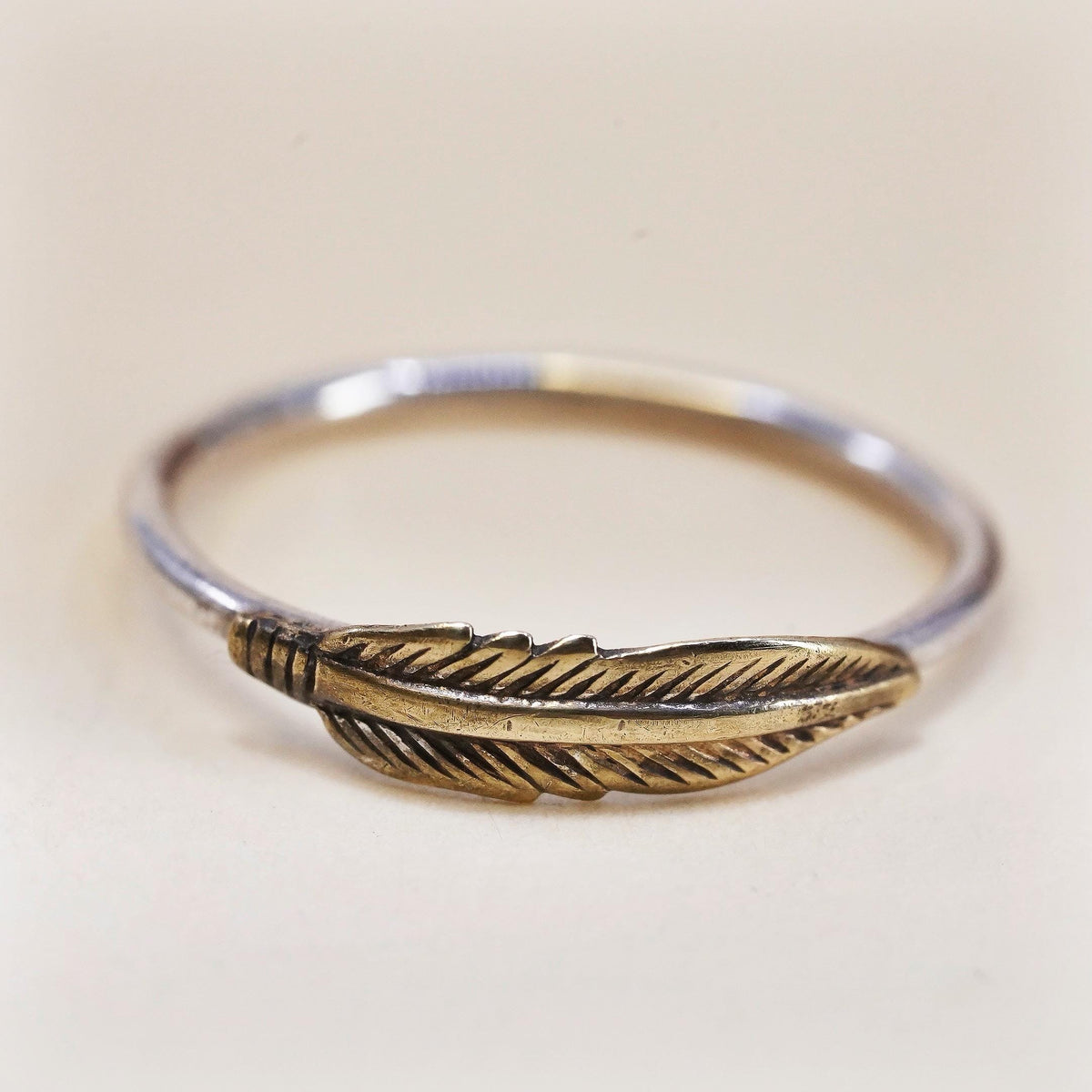 Size 6, Vintage two tone Sterling silver handmade brass feather ring, 925 band