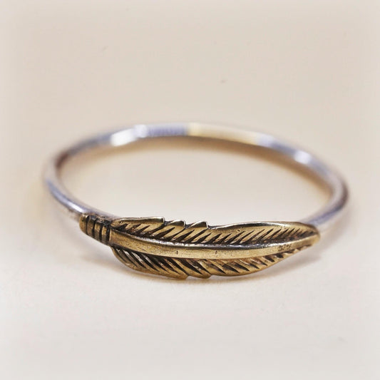 Size 6, Vintage two tone Sterling silver handmade brass feather ring, 925 band