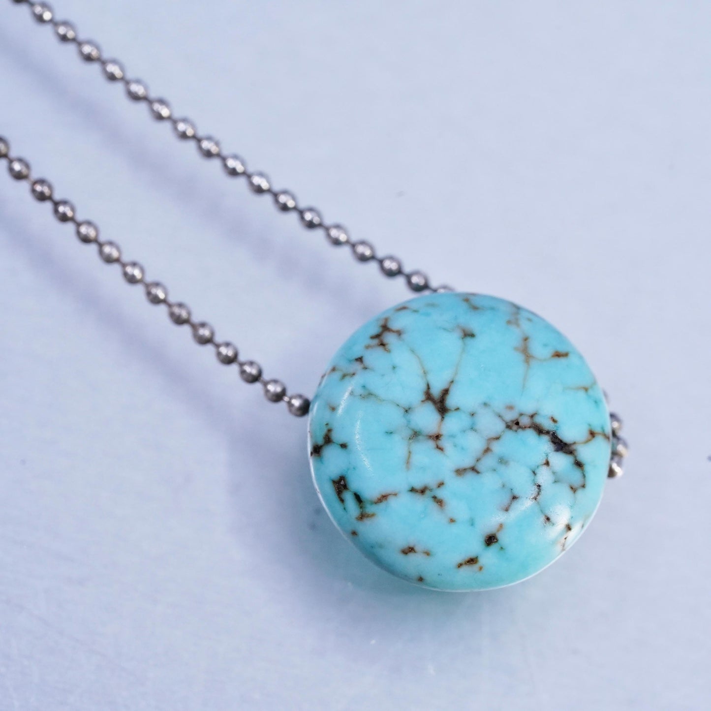 14", Native American Sterling 925 silver bead choker necklace turquoise pendant