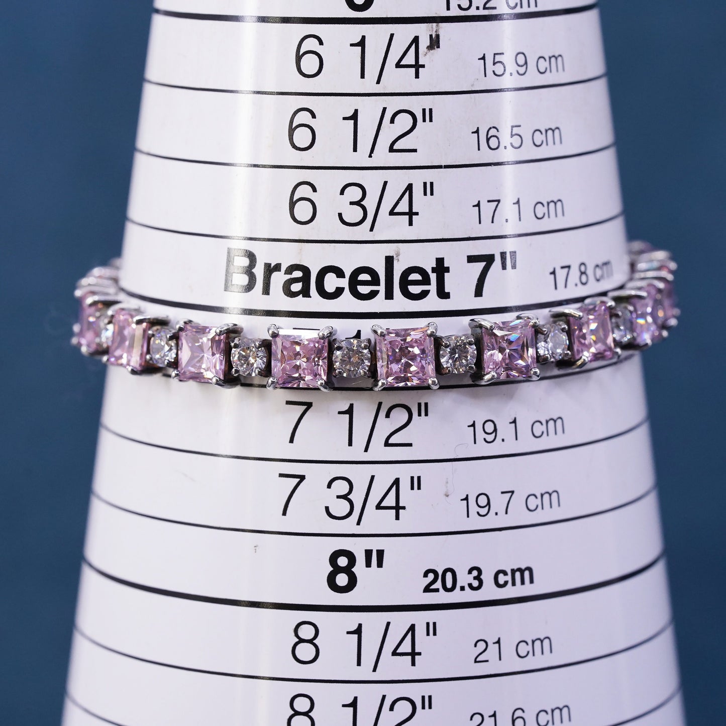 7.25”, vintage Sterling silver tennis bracelet, solid 925 silver pink crystal