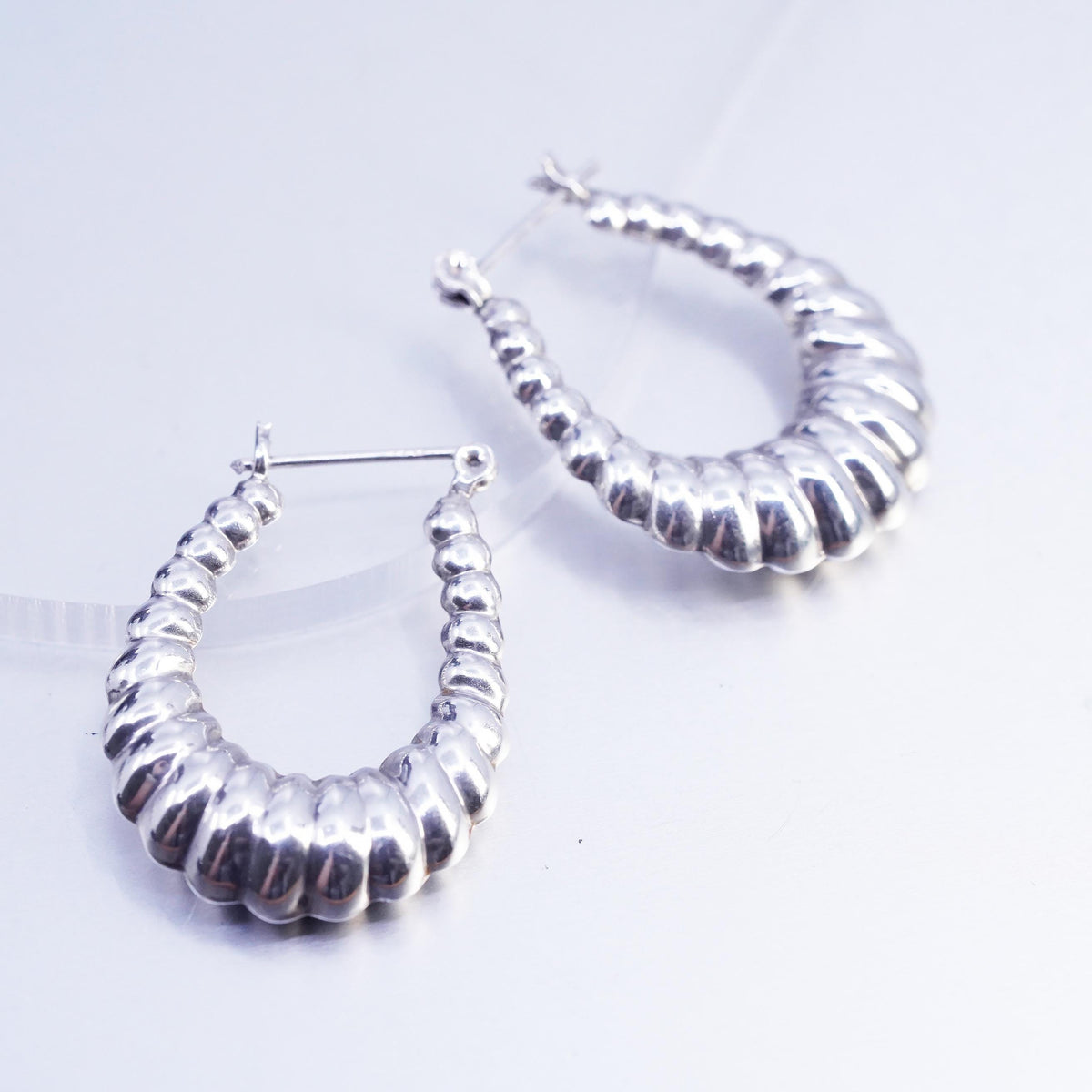 1.25", Vintage 925 Sterling Silver Handmade Ribbed Huggie Hoop Earrings