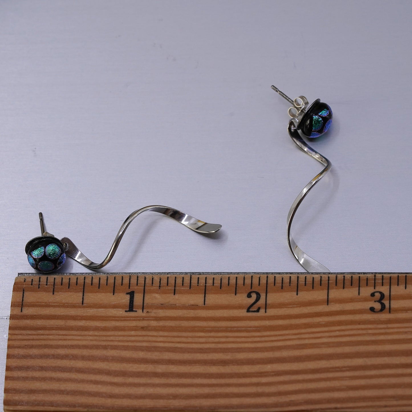 Vintage handmade foiled glass studs earrings sterling 925 silver sprial dangles